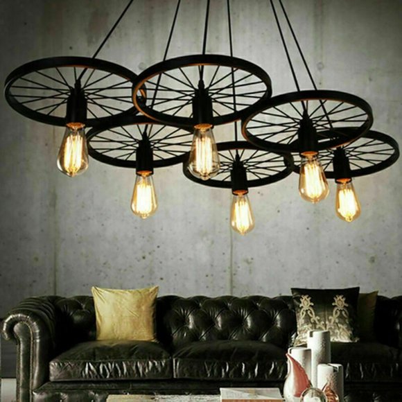 Rustic 6 Bulb Wagon Wheel Chandelier Distressed Bronze Finish Home Business - Picture 7 of 16